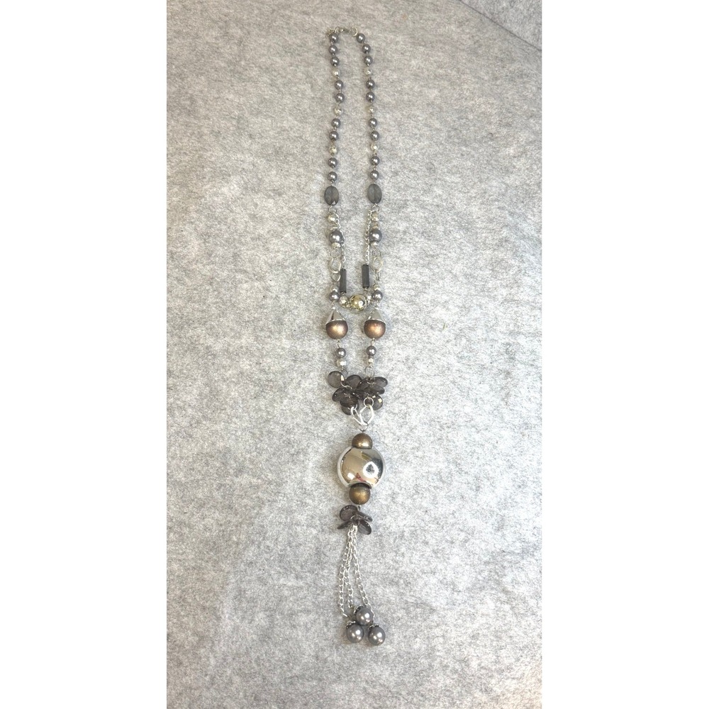 Long Grey Faux Pearl & Silver Tone Mixed Bead Tassel Statement Necklace